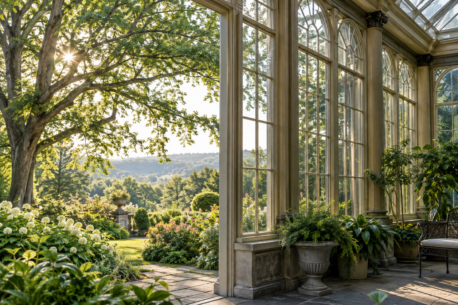 Sunlight through a conservatory overlooking a mature tree and green garden